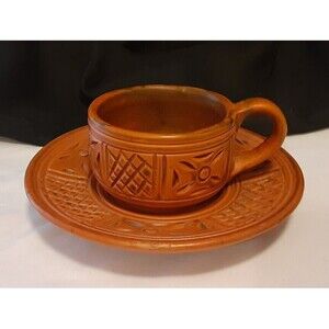 Handmade Teacup/Coffee Cup & Saucer, Natural Clay Incised Traditional Pottery